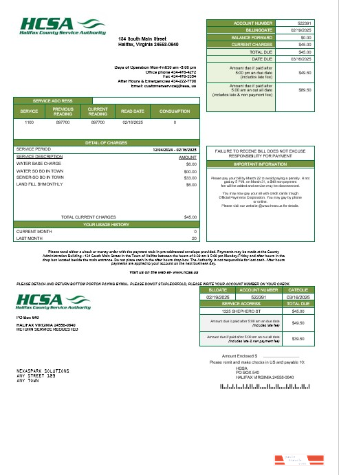 USA Virginia HCSA business utility bill template in Word and PDF formats